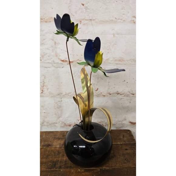 11" Vintage Marie Jaxon Originals Metal Flower Arrangement In Black Vase - Picture 7 of 11